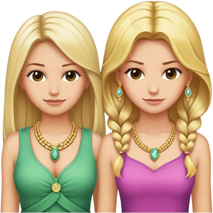 Two girls standing back to back. One girl has hair and clothing made of money, and nice jewelry on, but she is frowning. The other girl has beautiful blonde hair and pretty clothes and is smiling. emoji