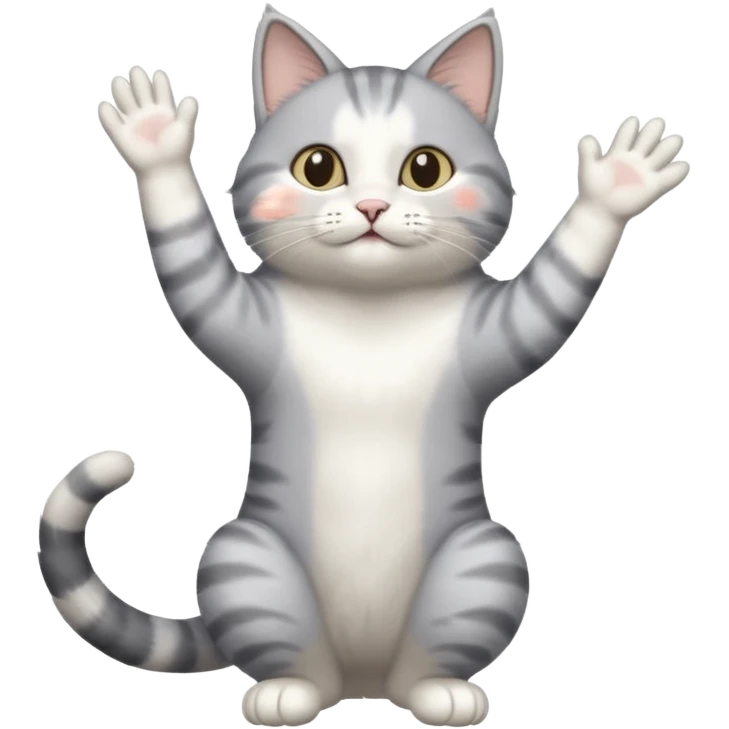 grey and white cat doing a big long stretch reaching up into the air emoji