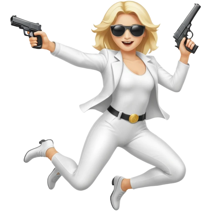 Mafia blondes woman Jumping for joy , in sunglasses, gun ,money , white costume  emoji