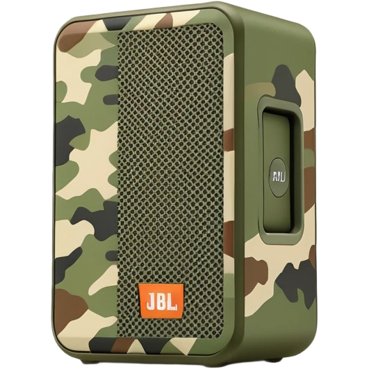 JBL Go 4 speaker in army camouflage print, minimal design aesthetic, compact speaker with simplified details, military pattern emoji