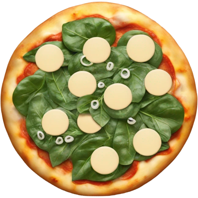 Pizza with mozzarella circles and spinach emoji