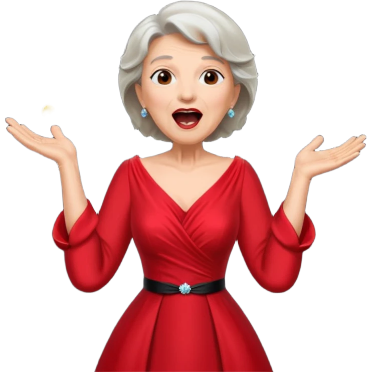 Older woman – elegant gown, 50s, red dress, expressive singing pose emoji