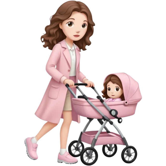 A white girl with long brown wavy hair in pale pink clothes walks with a stroller emoji