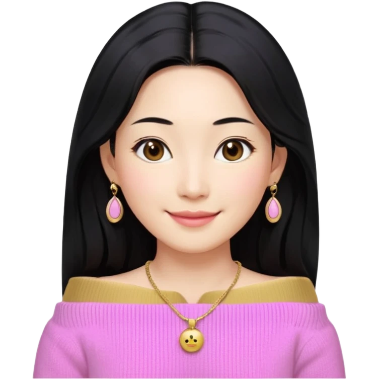 South Korean girl in her mid-thirties with long black hair and a middle part. She is wearing a baby pink, off the shoulder long sleeve knit sweater. She has small gold earrings and a gold necklace. She has brown eyes with narrow, mono lid shape and smiling with lips together emoji