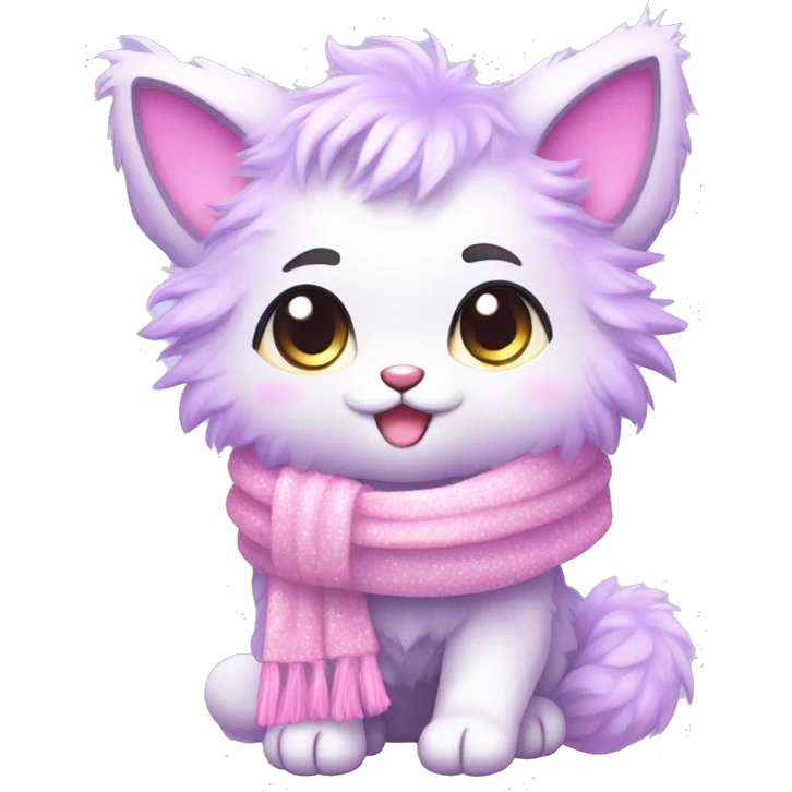 Edgy Kawaii cute gorgeous colorful sparkly bright light pastel lilac-pink-white-gradient fantasy ethereal fluffy fursona animal creature with a cute scarf full body emoji