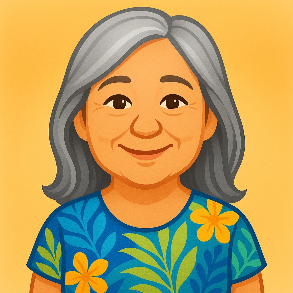 A woman with light complexion, oval face with soft rounded features, full cheeks, gentle almond-shaped eyes with subtle smile lines, longer silver-gray hair parted to the side, wearing a vibrant short-sleeved blouse with tropical print in blue, green, and yellow, exuding warmth and joy, emoji style. emoji