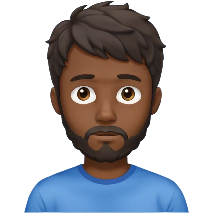 Man with longer dark brown wavy hair past ears with wavy bangs, short beard covering whole face, neutral expression, basic blue t-shirt emoji