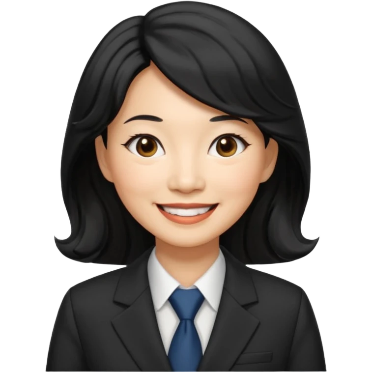 60 yr old asian woman, wavy thick black hair, side part, side swept bang, big smile, business suit emoji