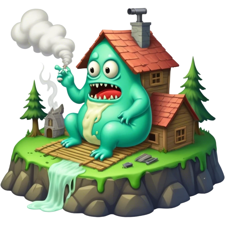 slime gore monster chilling inside traphouse with quagmire on top of mountain smoking lean emoji