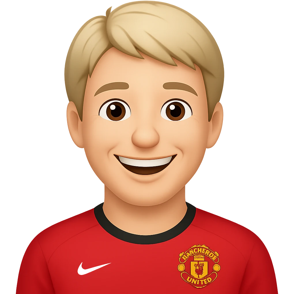Make Van der Sar smile, keep Manchester United shirt, in apple emoji style, no background. emoji