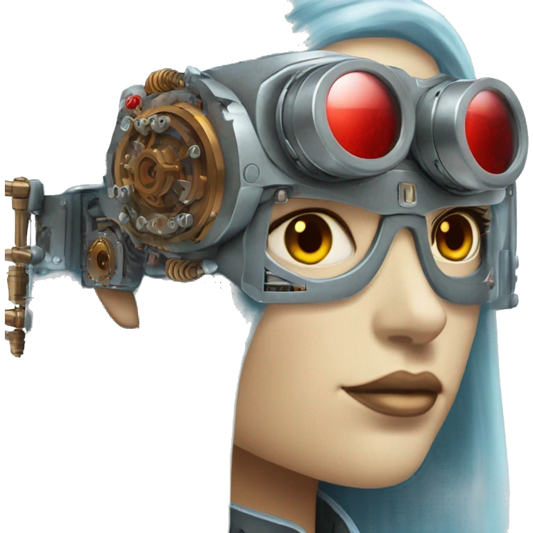 Light blue long hair female cyborg head with red steampunk goggles and circuits emoji