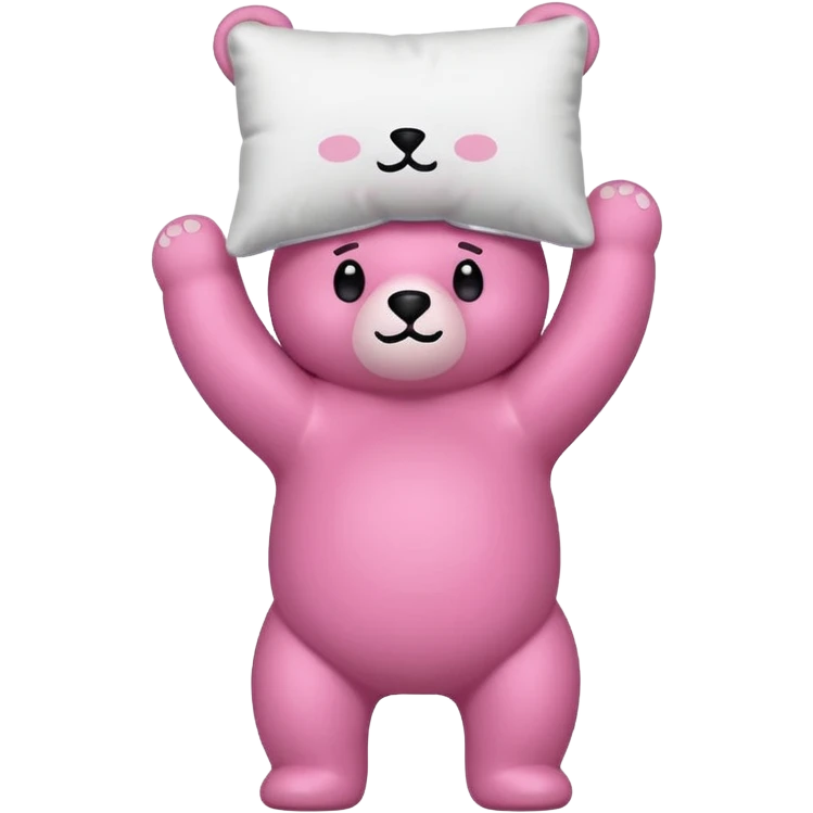 pink bear in a dynamic pose, holding a pillow above its head, flat and minimal, cute and fun, iPhone emoji style emoji