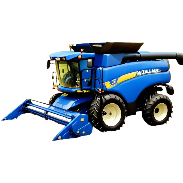 New Holland Roll-Belt 560 (2018) – Cinematic-realistic New Holland Roll-Belt 560 baler, its blue body steadily compressing golden hay into tight, round bales. The rhythmic motion of the machine continues as dust swirls in the afternoon heat, with rows of freshly cut grass stretching toward the horizon. emoji