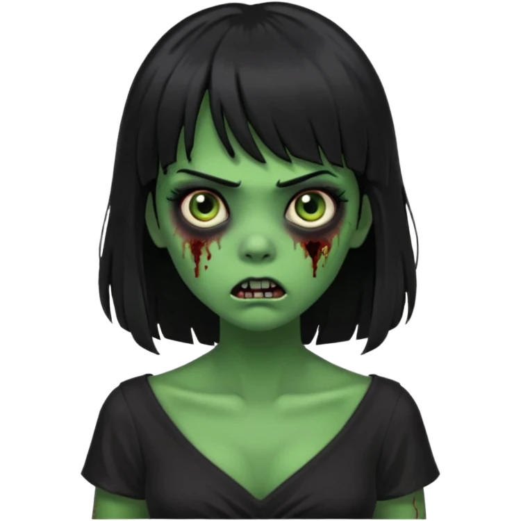 faça uma garota na forma de zumbi com a pele verde, assustada e com os olhos pretos escuros, com o cabelo preto longo e com franja e a roupa decotada preta emoji