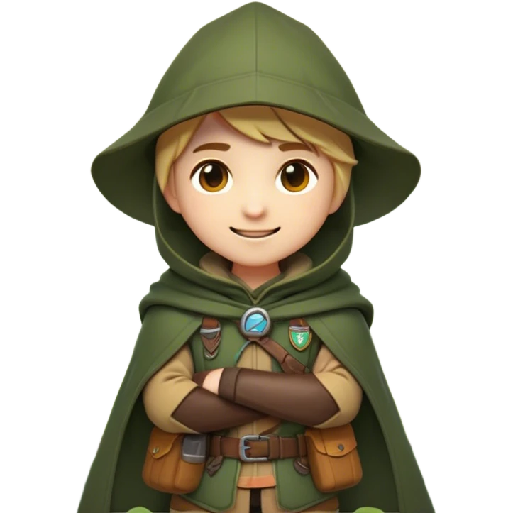 Clash of Clans aesthetic Playful Ranger Portrait Emoji, Head tilted with a friendly, mischievous smile and bright, curious eyes, featuring a compact, nimble build outfitted in rugged, earthy gear and a stylish cloak, his natural skin tone adding authenticity, Simplified yet irresistibly charming features, highly detailed, glowing with a warm, inviting forest glow, high shine, spirited and lively, stylized with an air of whimsical woodland adventure, soft glowing outline, capturing the essence of a playful ranger exuding friendly natural charm! emoji