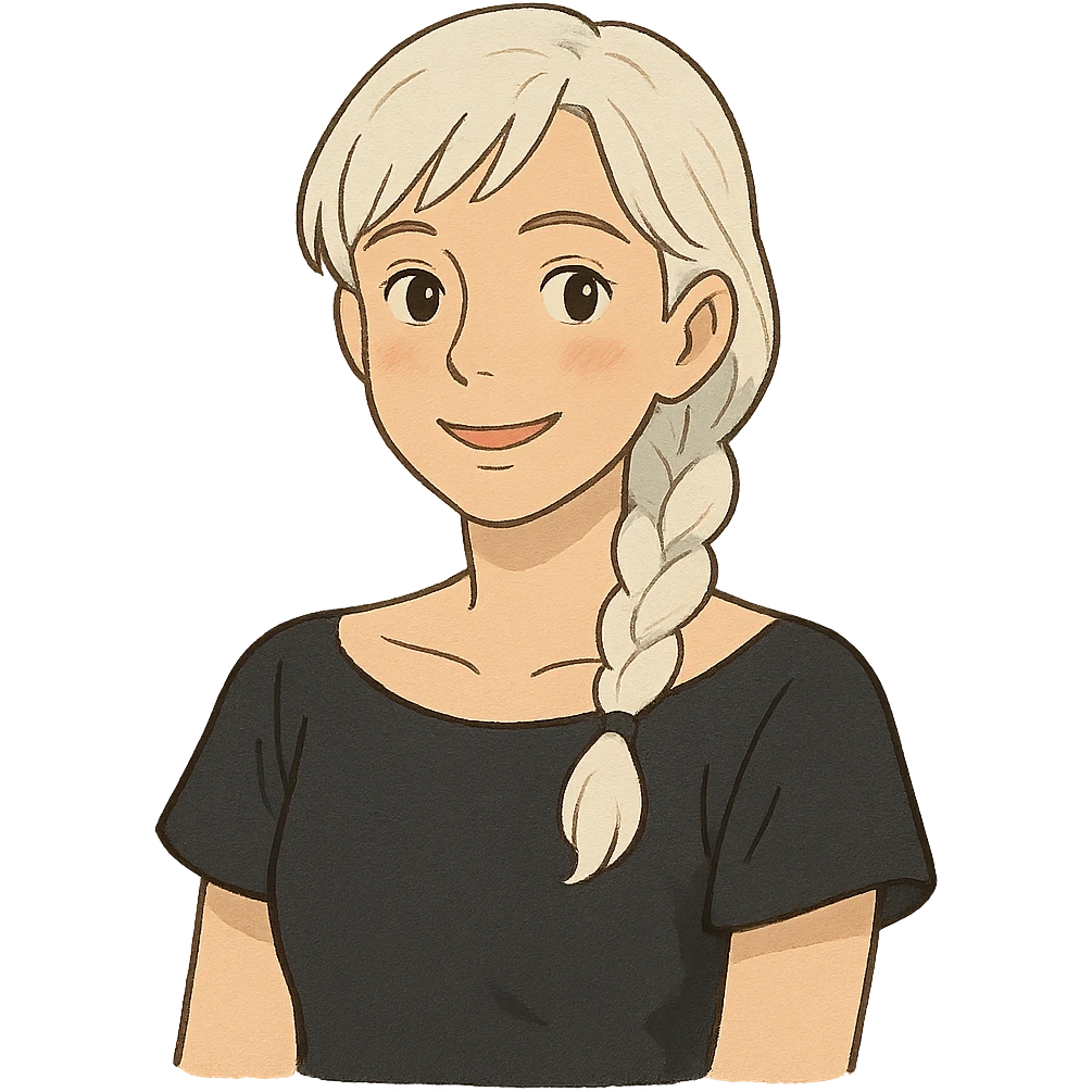 young female counselor, white hair in braid, black off-shoulder top, warm and approachable, ghibli style emoji