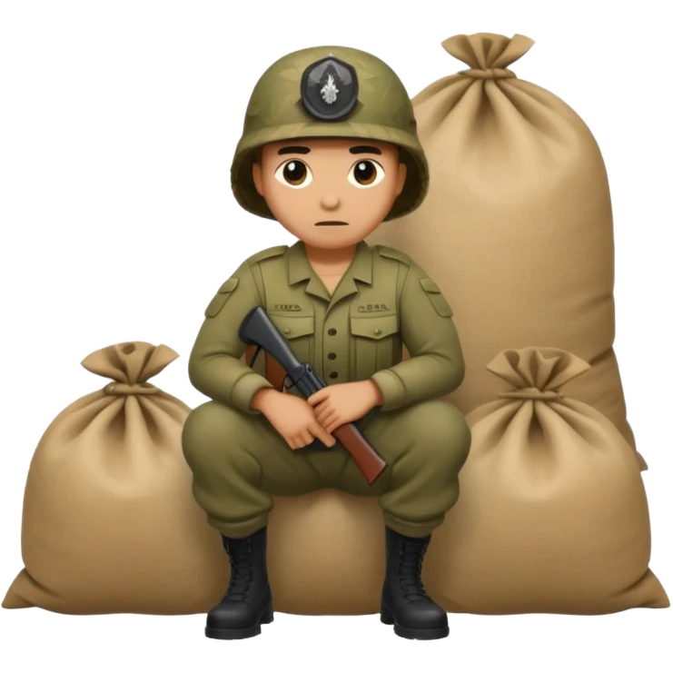 a camouflaged figure crouching behind sandbags, war setting emoji