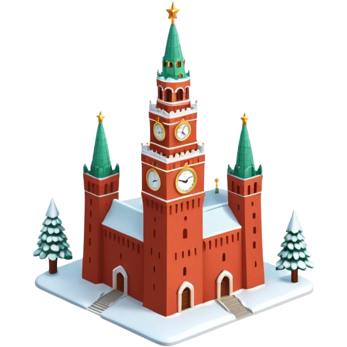 Apple iOS style emoji of the Moscow Kremlin Spasskaya Tower, winter
New Year edition. Red brick texture, snowy roof, golden clock face. Small festive garland with glowing lights wrapped around the tower. Bright red glowing star on top. 3D isometric  emoji