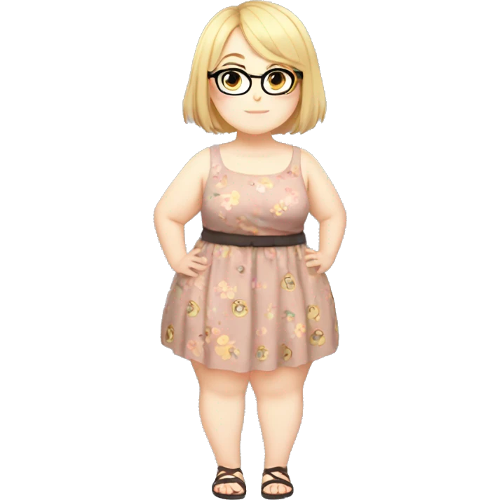 Chubby anime girl with glasses and short blond hair, full body wearing cute dress emoji