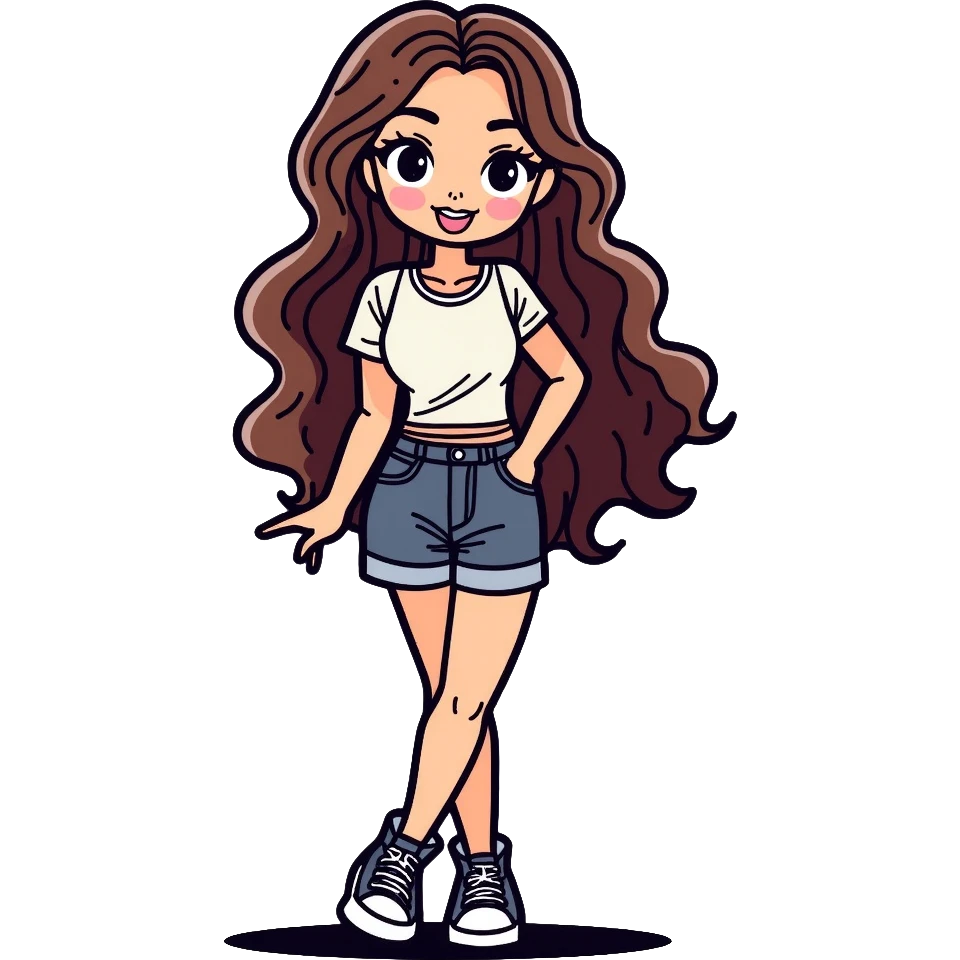 Girly girl with feminine features, long hair, cute outfit emoji