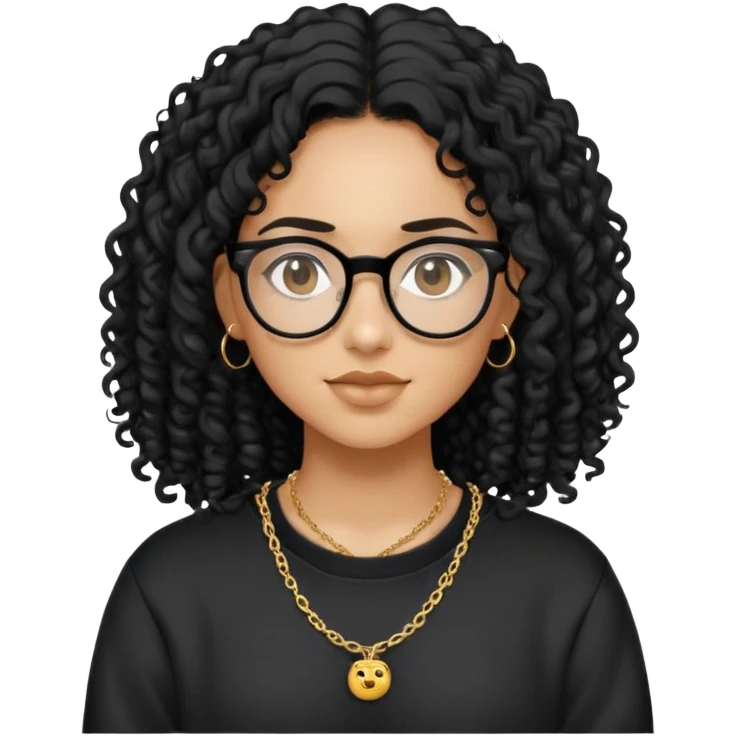 Mixed girl /curly long hair black / with black eyes glasses black sweat shirt middle part flat piercing and small thin gold chain  emoji