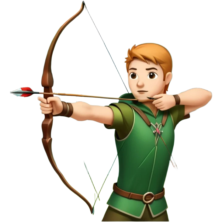 A skilled archer, resembling Robin Hood, drawing a bow and releasing an arrow towards a target. The scene captures the perfect moment of release, with the bowstring taut and the arrow flying toward the bullseye, set in a forest or archery range background. emoji