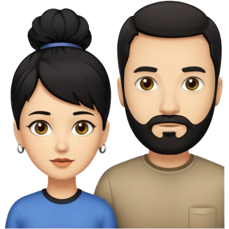 Man and woman standing next to eachother. Man is light skinned, black short hair and a full black beard that is trimmed. Woman has black hair and hazel eyes  emoji