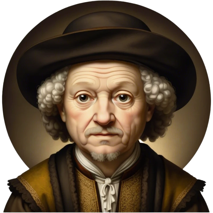 Cinematic Realistic portrait of Rembrandt, shown as a master artist with deep, introspective eyes and richly detailed period clothing, rendered with dramatic chiaroscuro lighting that emphasizes his legacy emoji