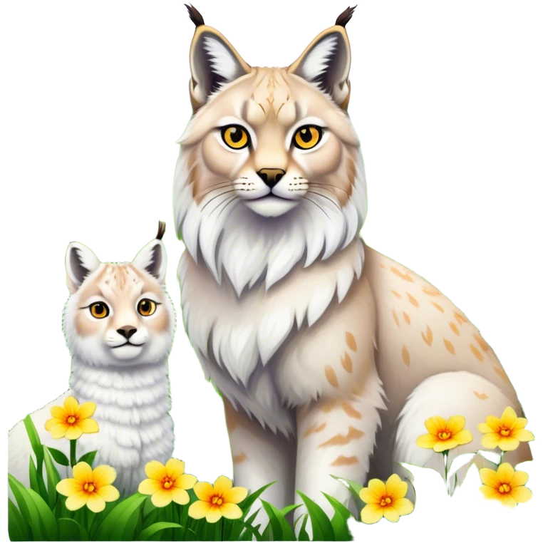 Collage of exotic animals: a lynx with striking eyes, and a fluffy alpaca standing in a lush meadow. The lynx gazes intently while the alpaca looks calm and curious. Surrounded by vibrant plants and flowers. Transparent background for a lively, colorful scene. emoji