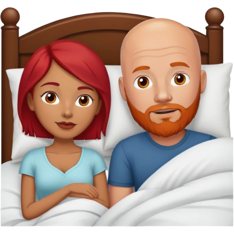 White Bald man with red beard and, Hispanic woman with dark brown hair in bed emoji