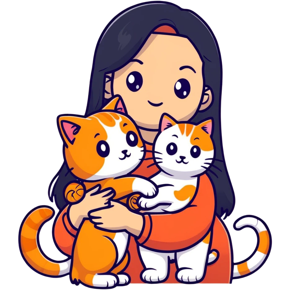 beautiful elegant girl with long black hair holding a friendly ginger cat emoji