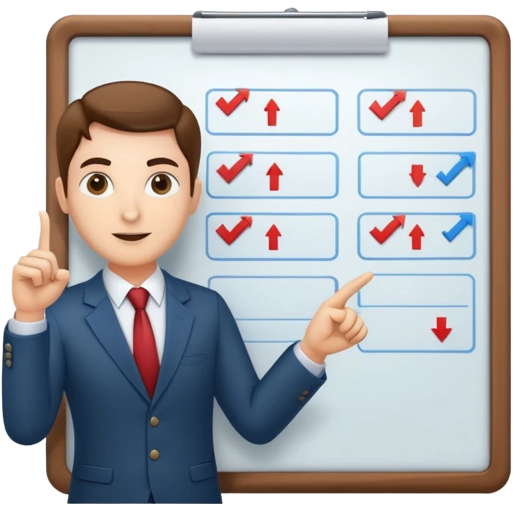 professional figure pointing at a task board or flowchart. The character wears business casual clothing emoji