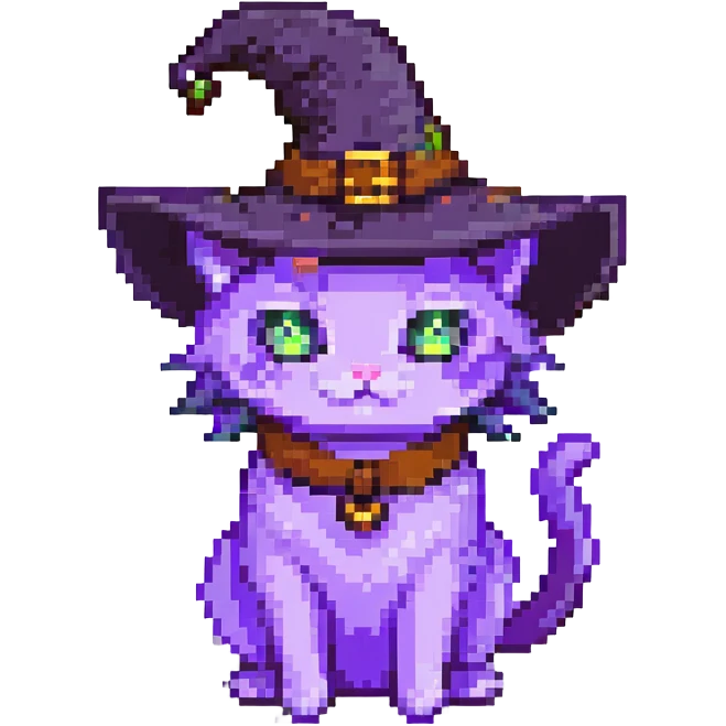 purple witch cat with a hat pixel art emoji