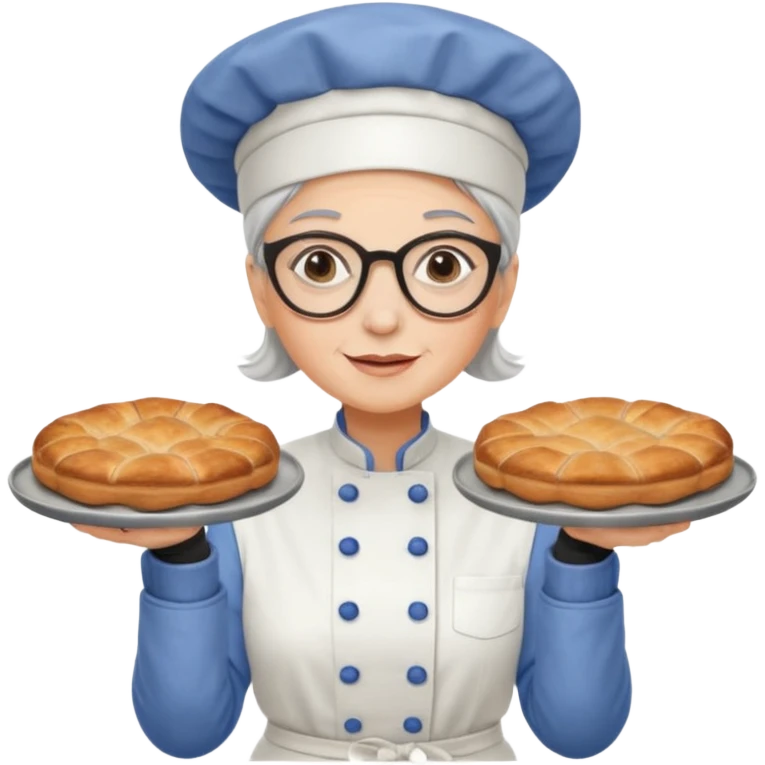 Older female pastry chef – round glasses, oven mitts on, holding a tray of pastries.

 emoji