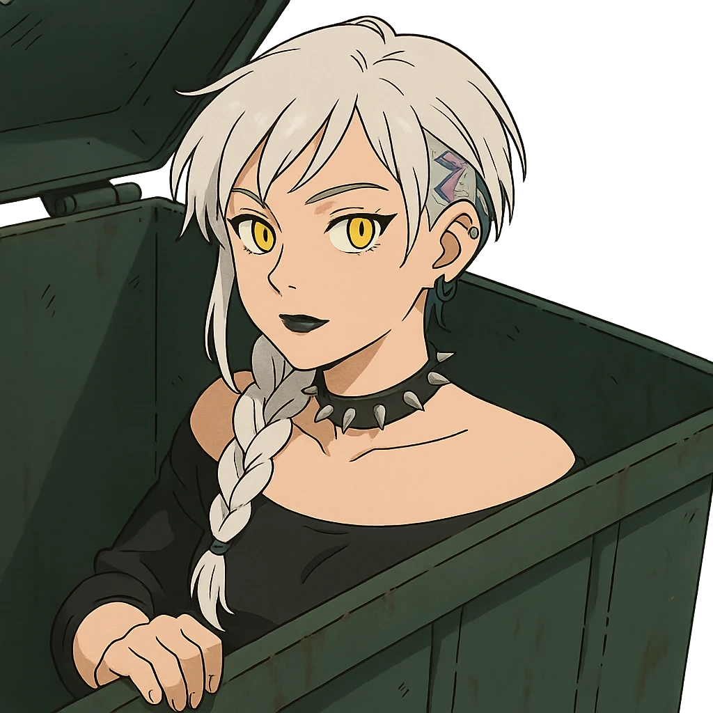 she is poking out from a garbage dumpster, a closeup portrait of young woman with gold yellow eyes, white hair, long braid, black off-shoulder top d-cup, punk gothic style, futuristic cyberwave cyberpunk, emoji