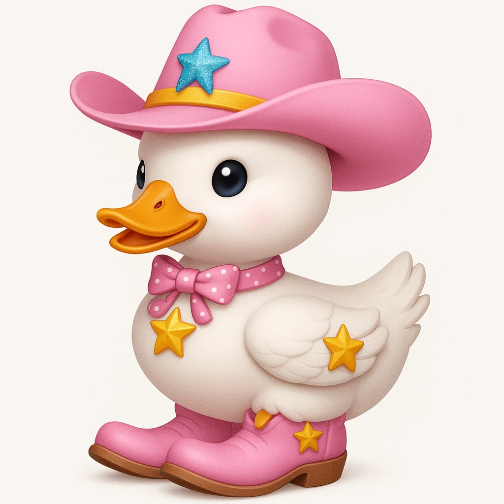 A white duck wearing a pink cowboy hat with a pink bow around its neck and pink cowboy boots with yellow stars, in ios 3d style. emoji