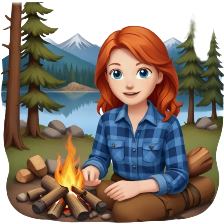 Happy Redhead woman with blue eyes beside campfire emoji