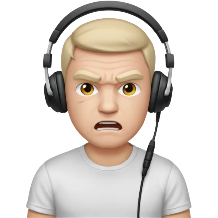 Male, angry, wearing headphone having mic, t-shirt 
 emoji