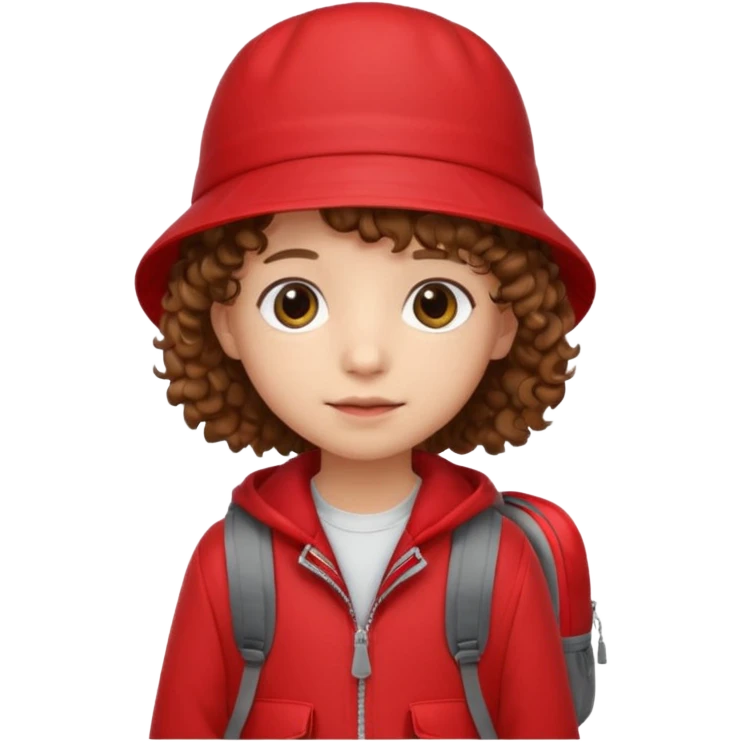 Little student brown curly hair, wears red bucket hat and jacket, backpack, shy emoji