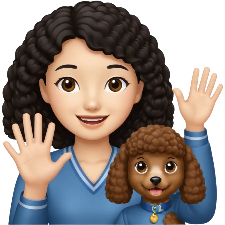 Brown poodle with Asia girl waving left hand emoji