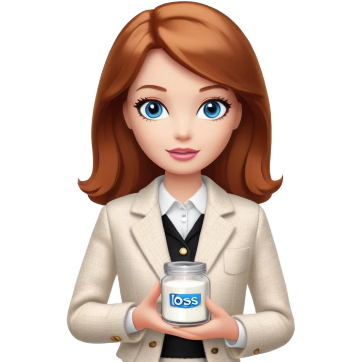 A Barbie girl with blue eyes, shoulder-length reddish-brown hair, made-up, in a white tweed jacket and black skirt, holding a jar of pale beige body cream emoji