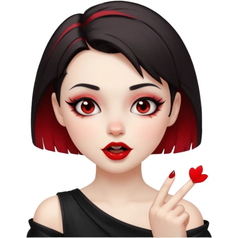 A girl with goth makeup and short hair( dark brown and bottom of hair red) winking and blowing kiss while raising one shoulder.  emoji