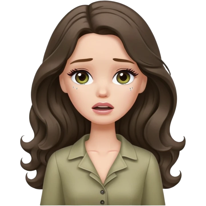 A white Barbie girl with long dark brown wavy hair in pale olive clothes crying with tears  emoji