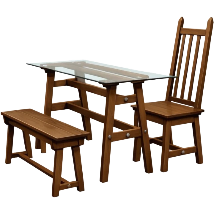 A glass topped rectangular trestle table with a high-backed chair on each short side and a bench on each long sided  emoji