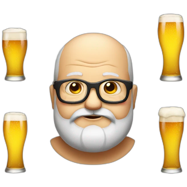 fat old man with beard and without hair, using eye glass, drinking beer emoji
