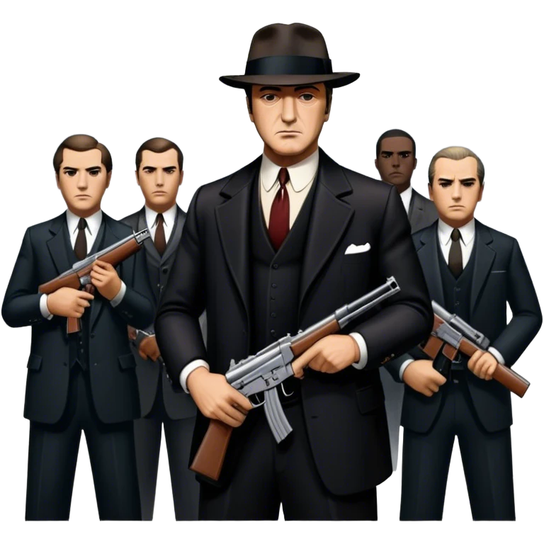 Vintage noir poster with Don Corleone surrounded by gangsters holding Thompson submachine guns. Dark and moody atmosphere with shadows, suits, and a mysterious vibe. Background features New York skyscrapers, adding to the gritty, classic gangster film feel. Transparent background. emoji