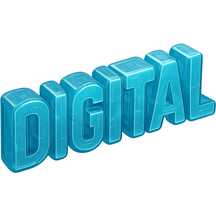 The word "DIGITAL" BOLD, floating, cyan blue emoji