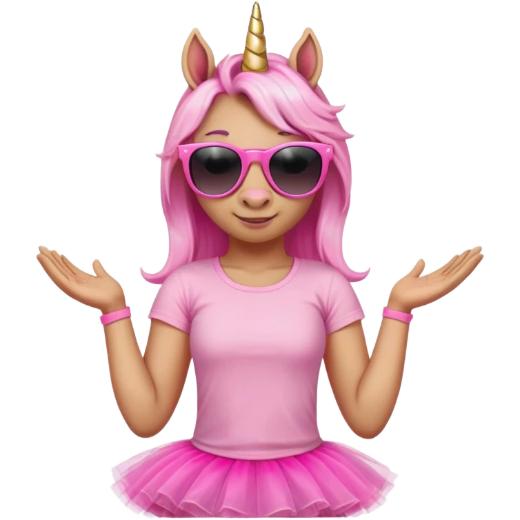 friendly anthropomorphised female unicorn with horse-like face, in tutu and pink t-shirt, wearing dark sunglasses, relaxed pose, close-crop head and shoulders emoji