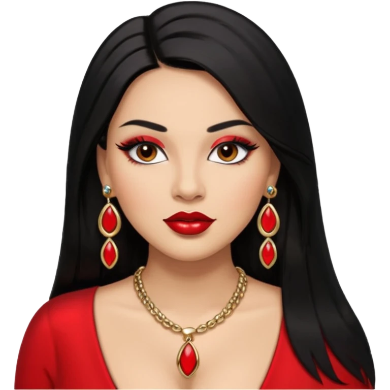 Light skin brown eyes glamorous full figured women black long straight hair red lips necklace and earrings long lashes emoji