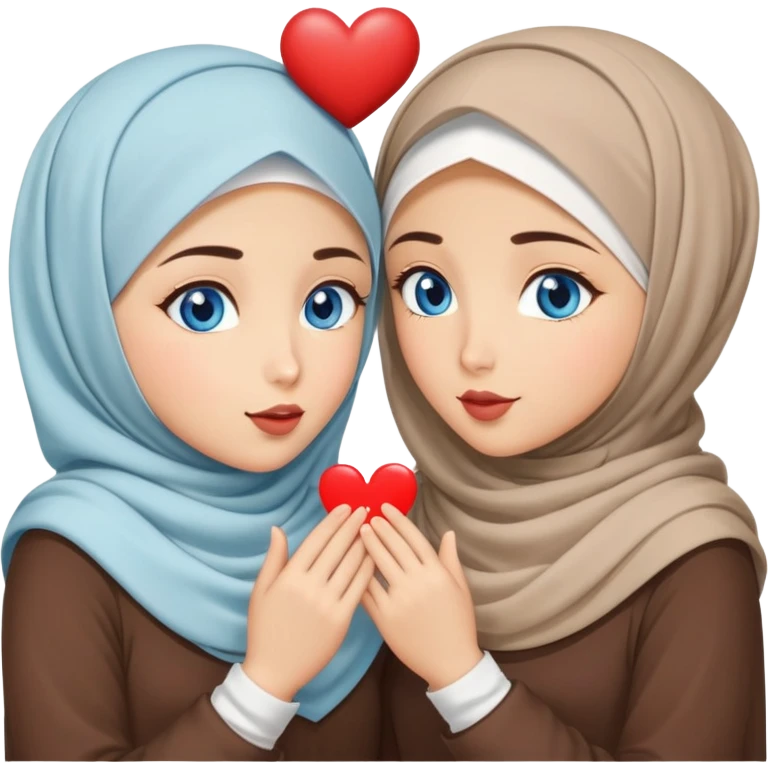 Two Turkish beautiful finish Konya friendly girls blue eyes with hijab and heart dress and Scattering kisses outside  emoji
